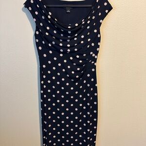 Connected Apparel Navy and Beige/Ream Polka Dot Midi Dress